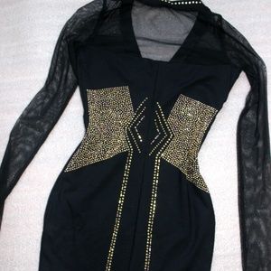 BEBE long sleeve mini luxury dress with gold studs